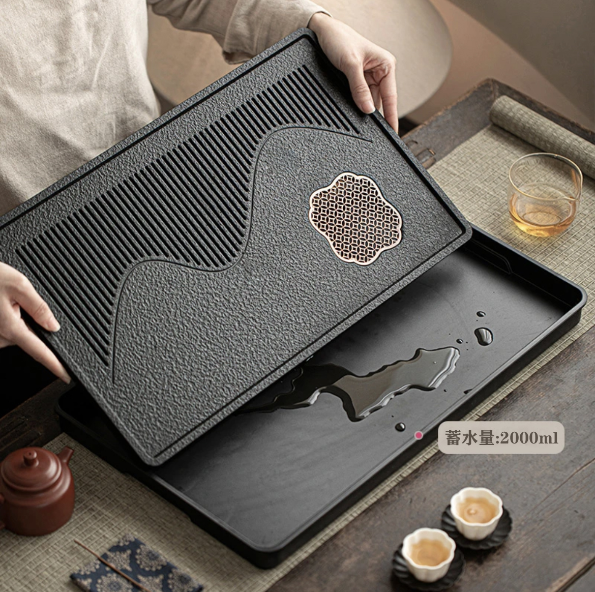 烏金石火山岩石茶盤，迅速排水,不留積水！